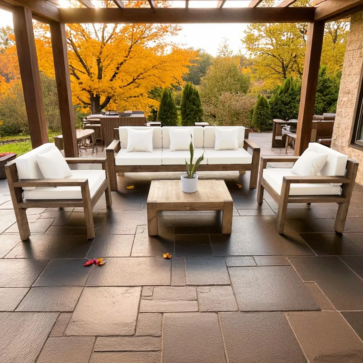 MIARUSTE - TERRAZA RÚSTICA MIARUSTE MODELO AMBAR 5 CUERPOS COLOR ROBLE COJINERÍA CRUDO