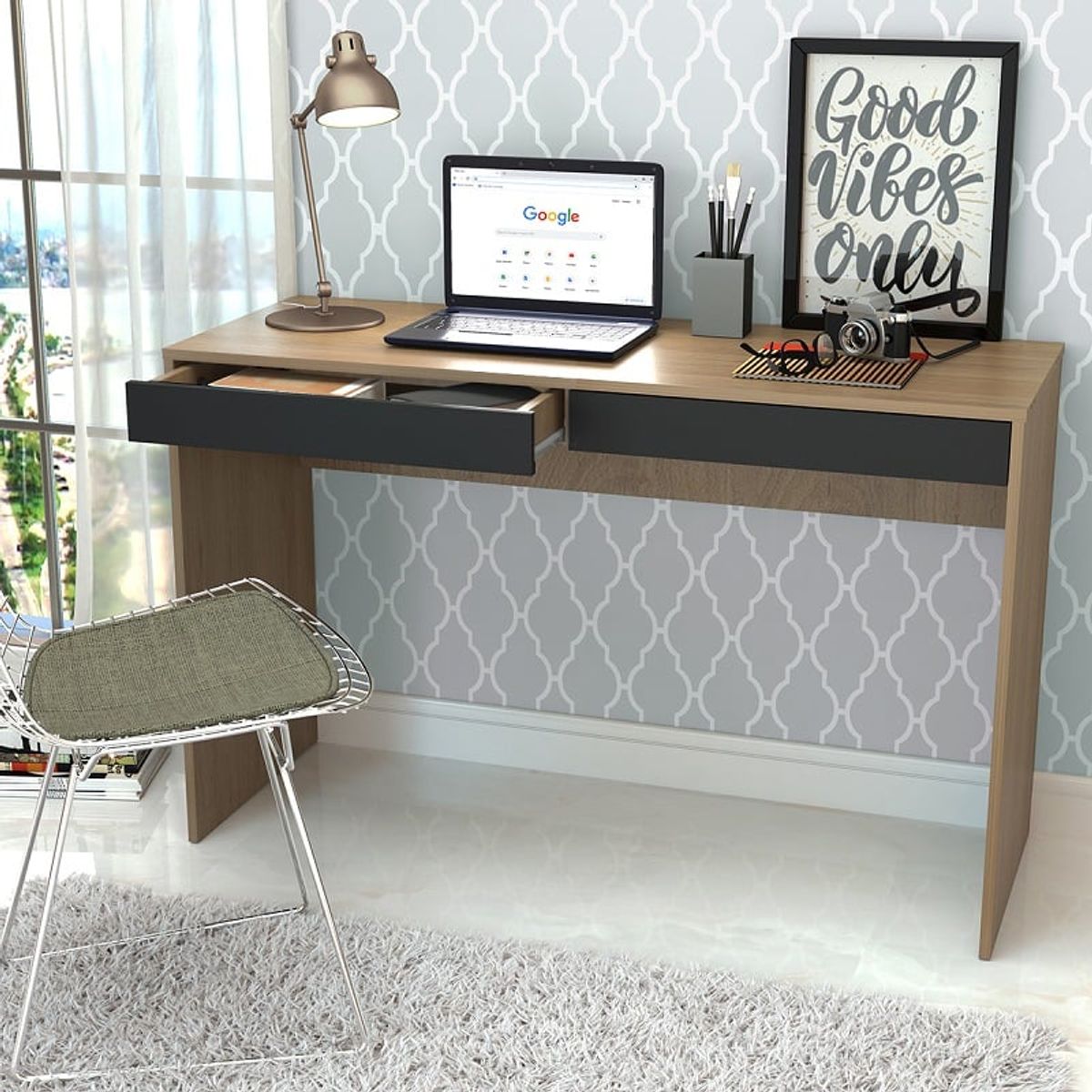 DF HOME - Escritorio Color Madera y Negro Madrid 2 Cajones B35.071