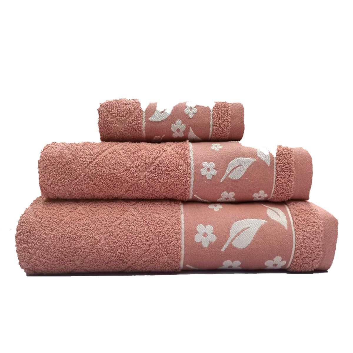 ANDES1 - Andes Juego Toallas Jacquard Hojas 3Piezas Rosa 100% Algodón