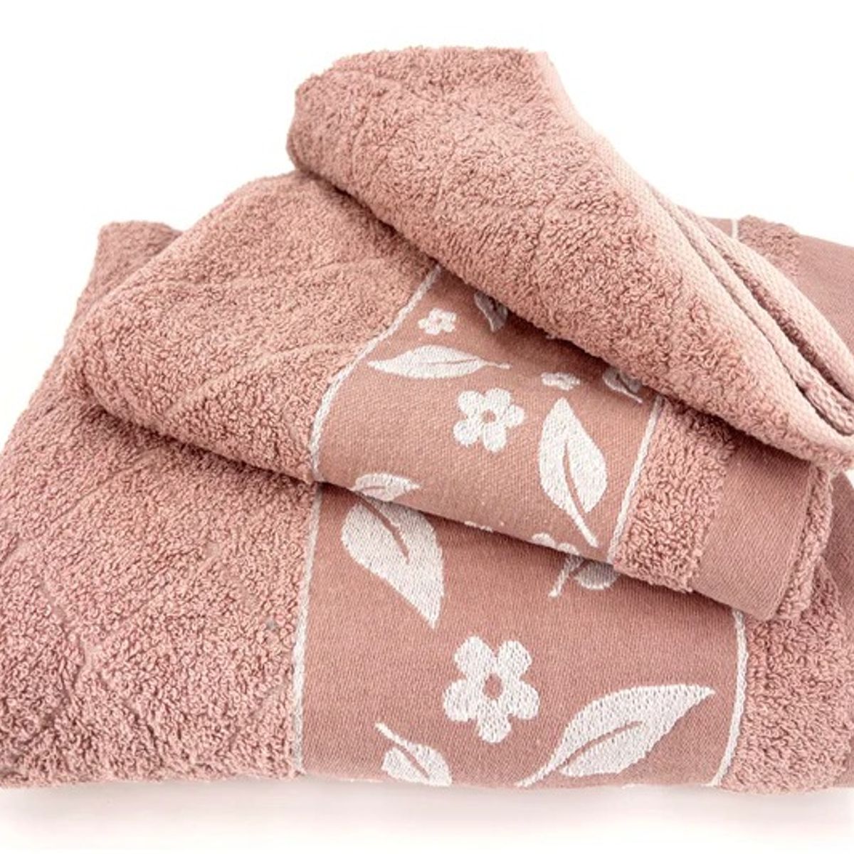 ANDES1 - Andes Juego Toallas Jacquard Hojas 3Piezas Rosa 100% Algodón