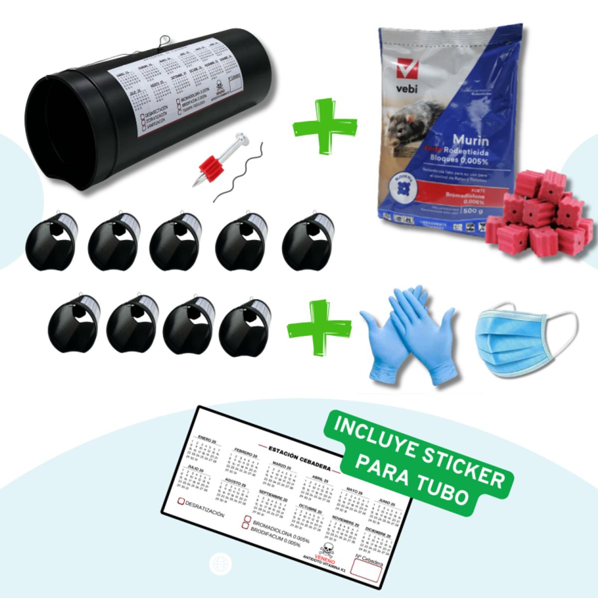 GENERICO - 10 Tubos Cebaderos + Rodenticida + Guantes + Mascarilla + Instructivos
