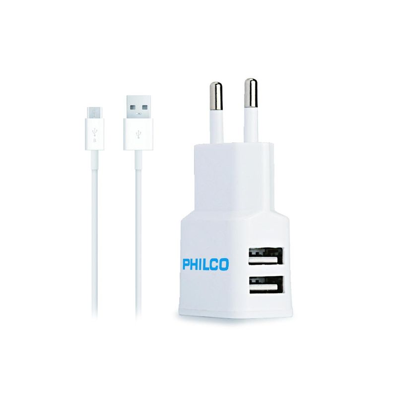 PHILCO - CARGDOR 220 VOLT 2,1 AMPERES DOBLE USB Y CON CABLE PHILCO