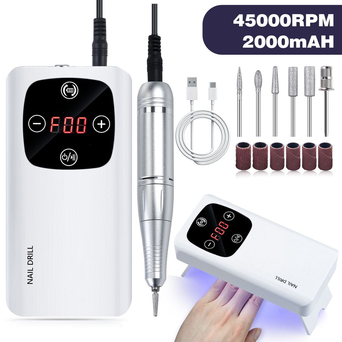 PUREPOWER - Taladro de uñas recargable de 45000RPM con Kit de brocas