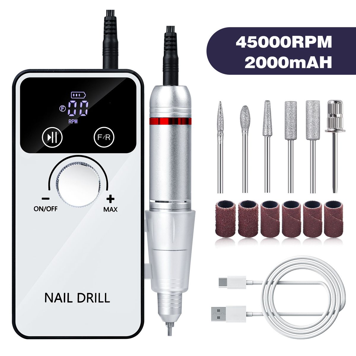 PUREPOWER - Pulidor De Uñas Esmeril Profesional Drill Portátil Taladro De Uñas Portátil con Kit de brocas