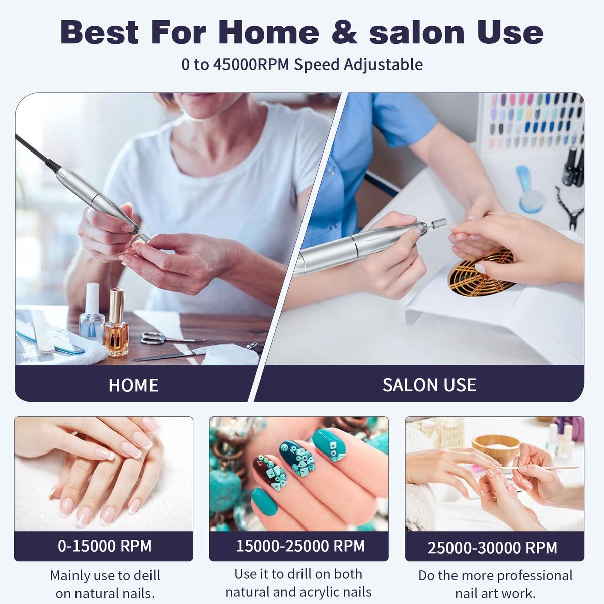 PUREPOWER - Taladro de uñas recargable de 45000RPM con Kit de brocas