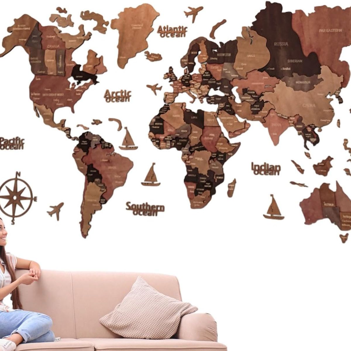 KUANGYE - Mapa Viaje Del Mundo Madera Cuadro Pared 3D Art Decoración 200x120cm