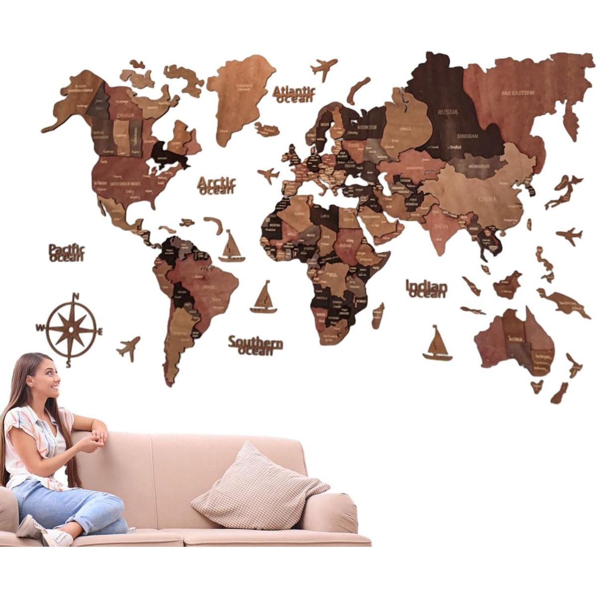 KUANGYE - Mapa Viaje Del Mundo Madera Cuadro Pared 3D Art Decoración 200x120cm