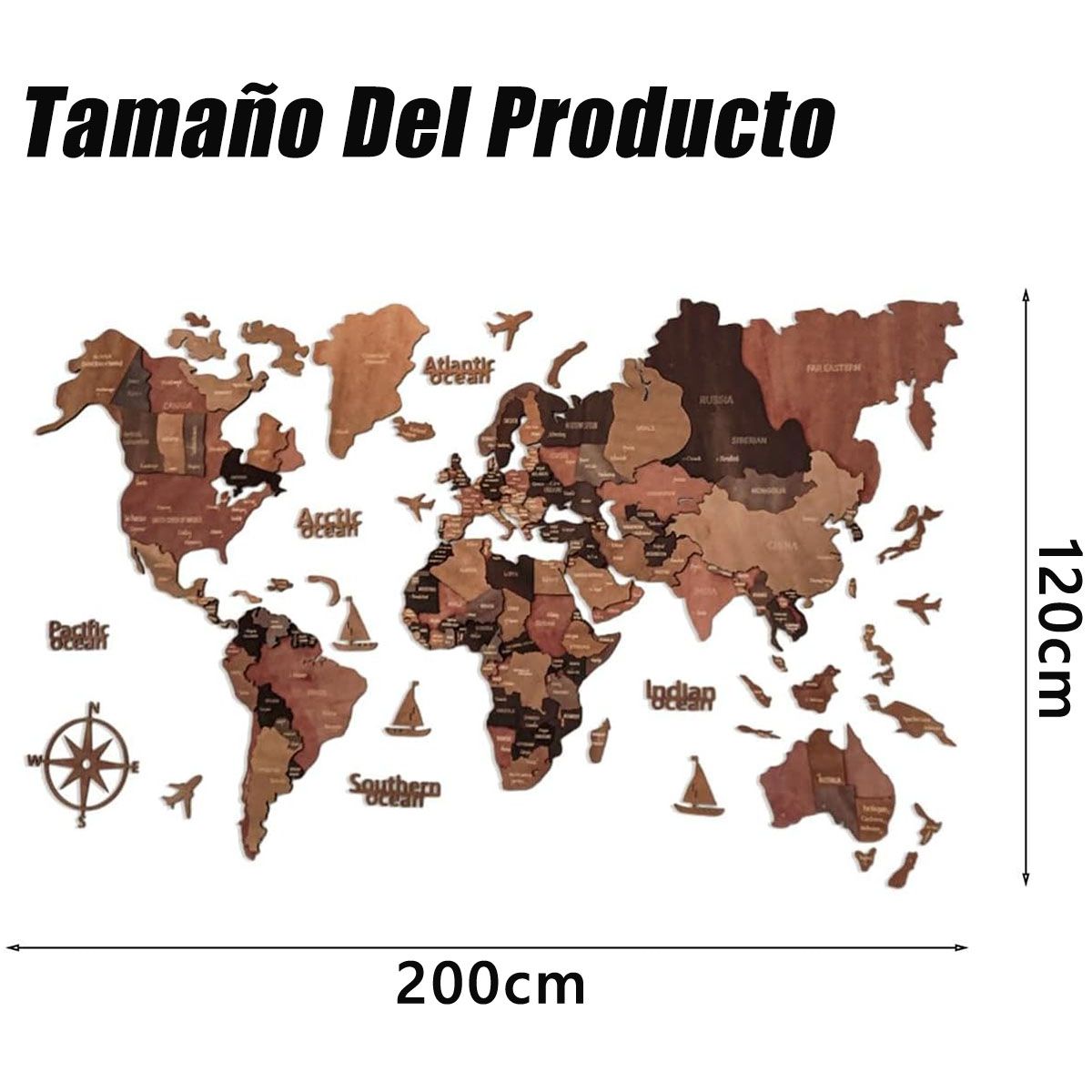 KUANGYE - Mapa Viaje Del Mundo Madera Cuadro Pared 3D Art Decoración 200x120cm