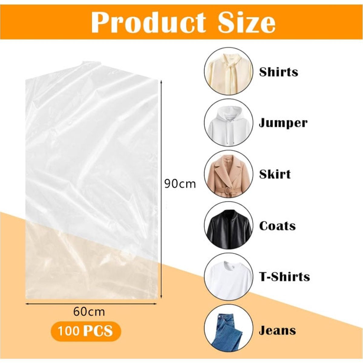 KUANGYE - 100 Bolsas Transparentes Fundas Para Ropa Prueba Polvo 60x90cm.