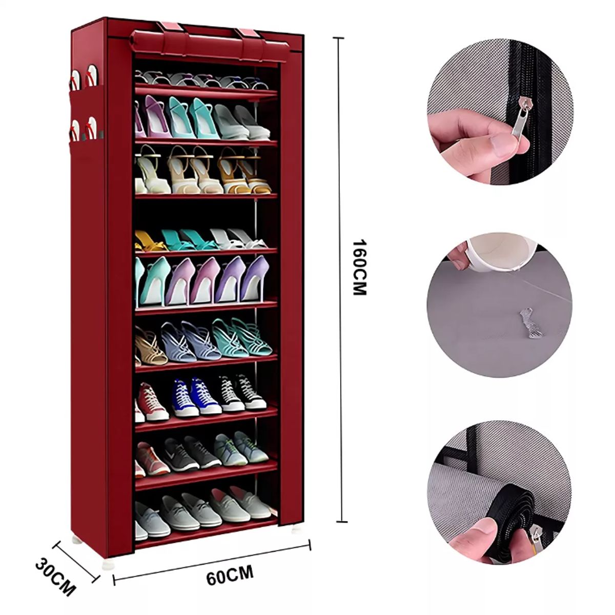 SUPERCENTER - Zapatero 9 Pisos Armable Organizador Con Funda Rosa roja