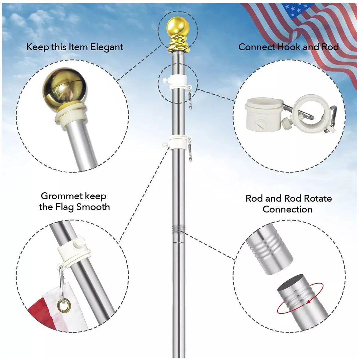 KUANGYE - Mástil Plateado De Aluminio Para Banderas De 18M Con Bola
