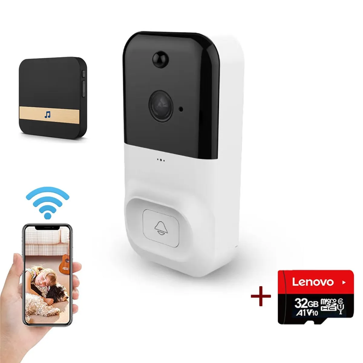 PUREPOWER - Timbre Videoportero Inalámbrico con Bocina y lenovo 32G Card