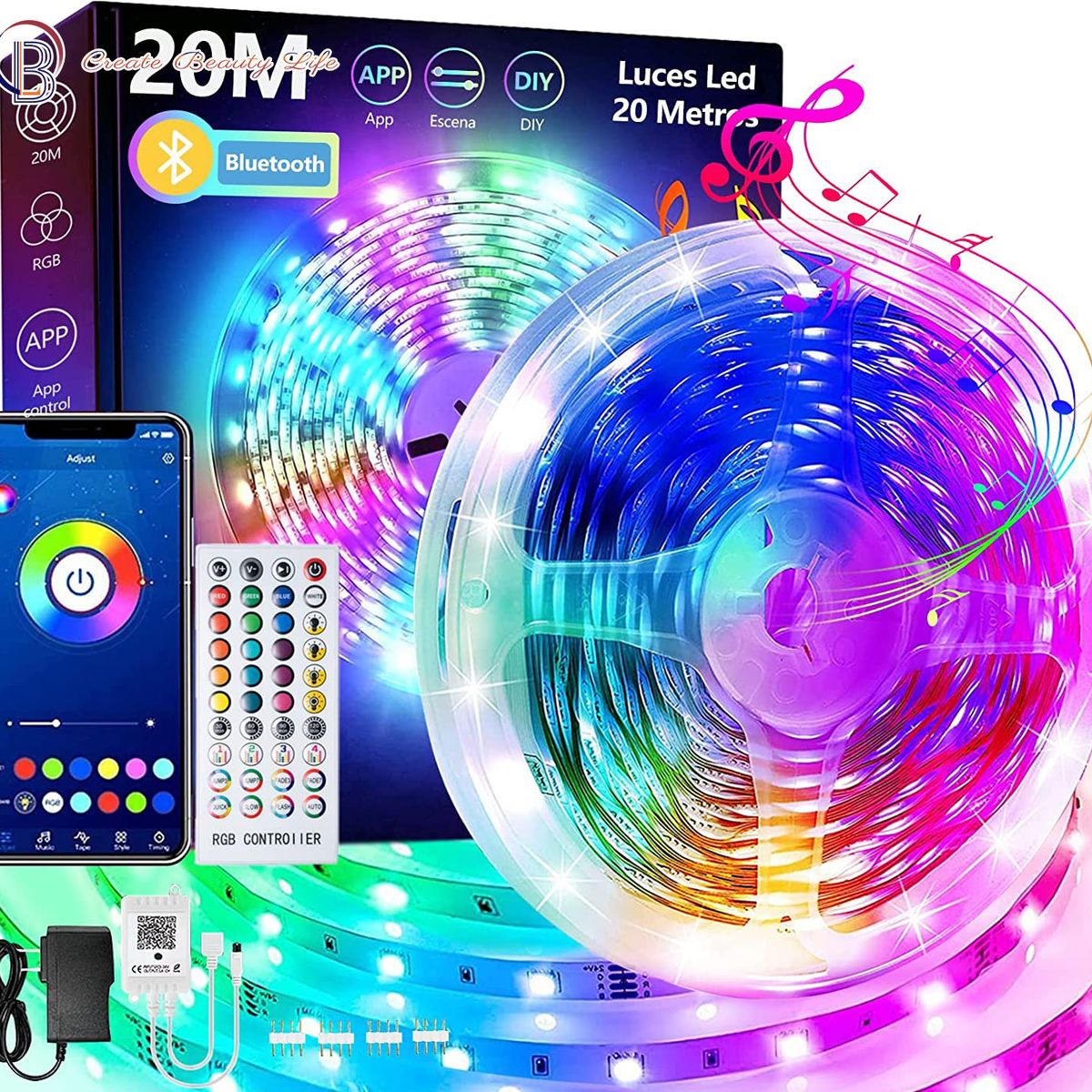 PUREPOWER - Tira de luces RGB 20 metros WiFi y control remoto