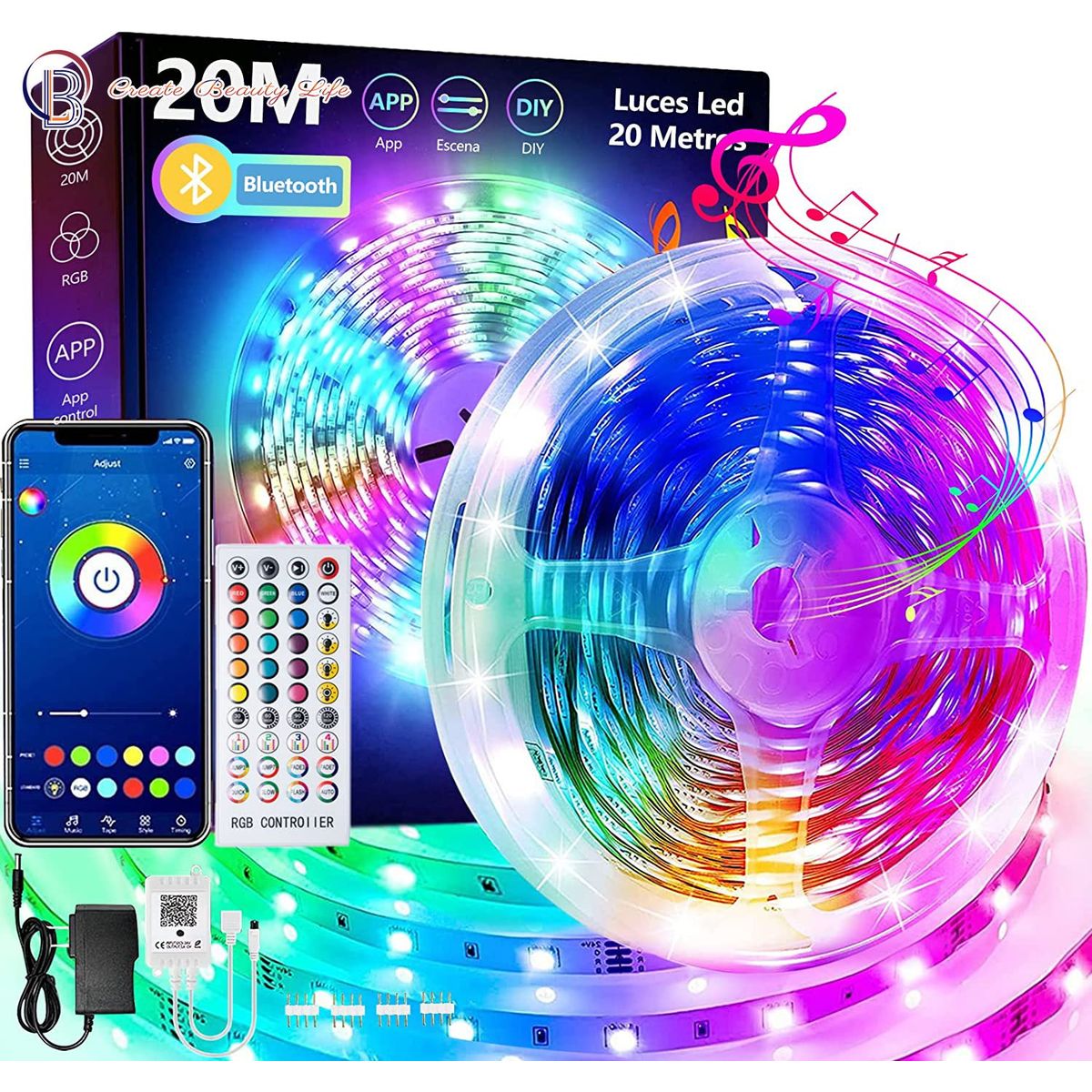 PUREPOWER - Tira de luces RGB 20 metros WiFi y control remoto