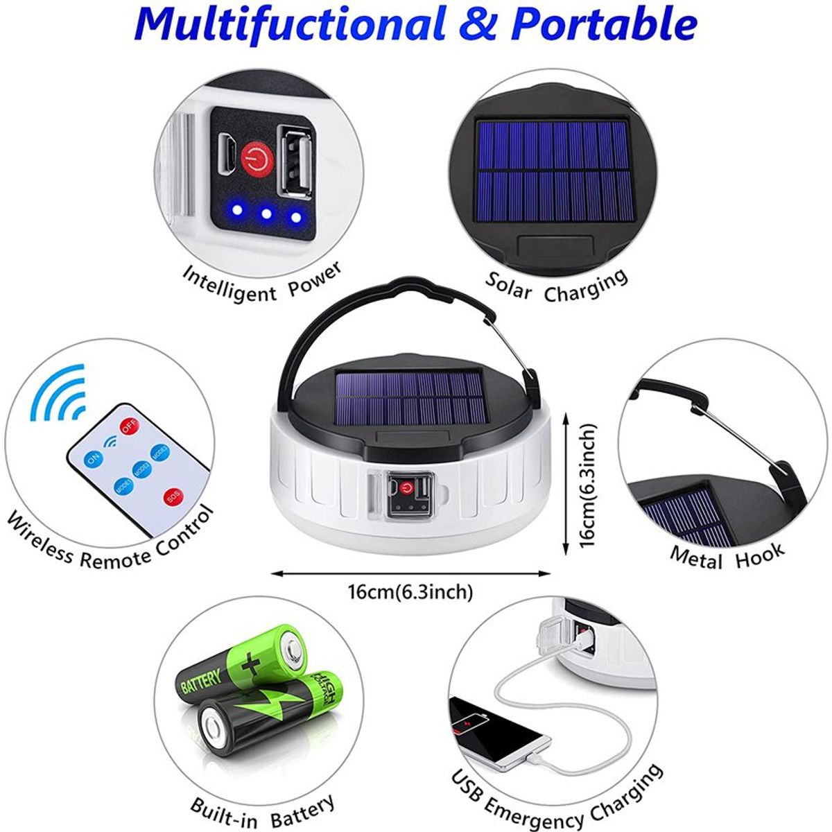 PUREPOWER - Luz de camping LED solar con cargador para teléfono