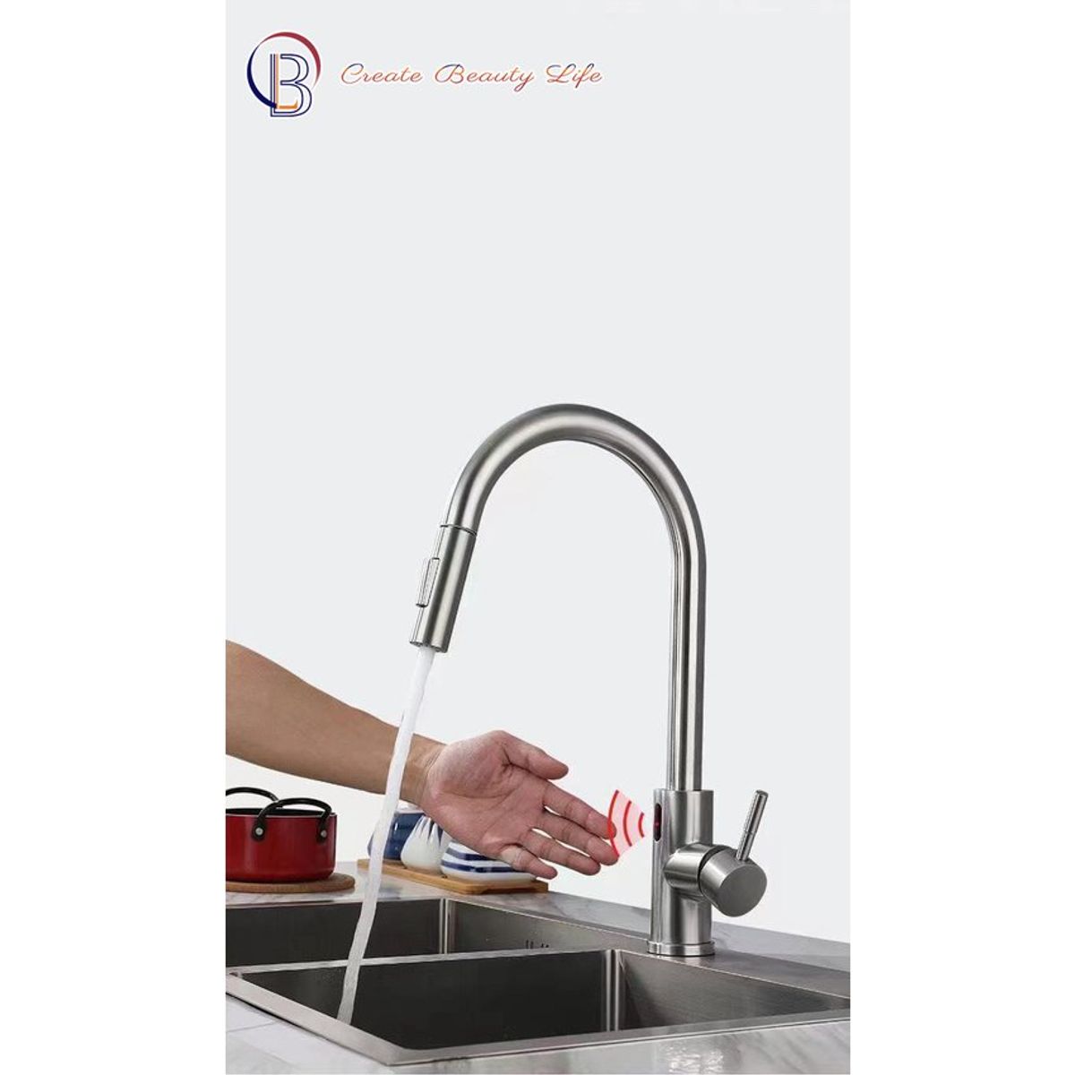 PUREPOWER - Grifo de cocina para lavaplatos monocromado extensible con sensor de movimiento