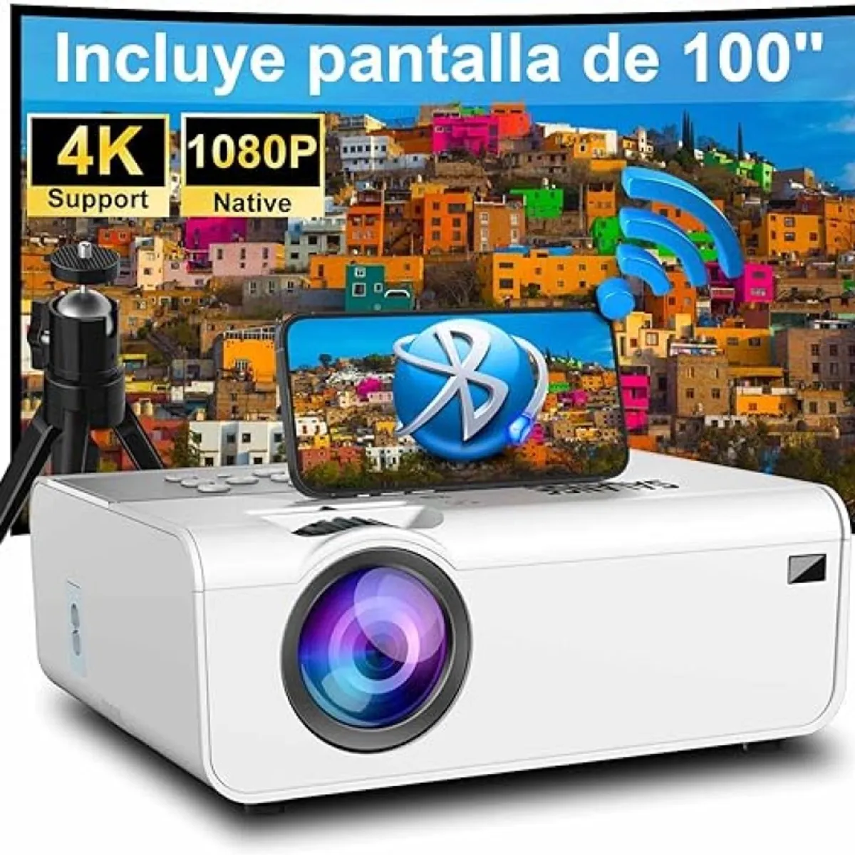 PUREPOWER - Proyector Portátil P62 1080p WiFi + Telón 100