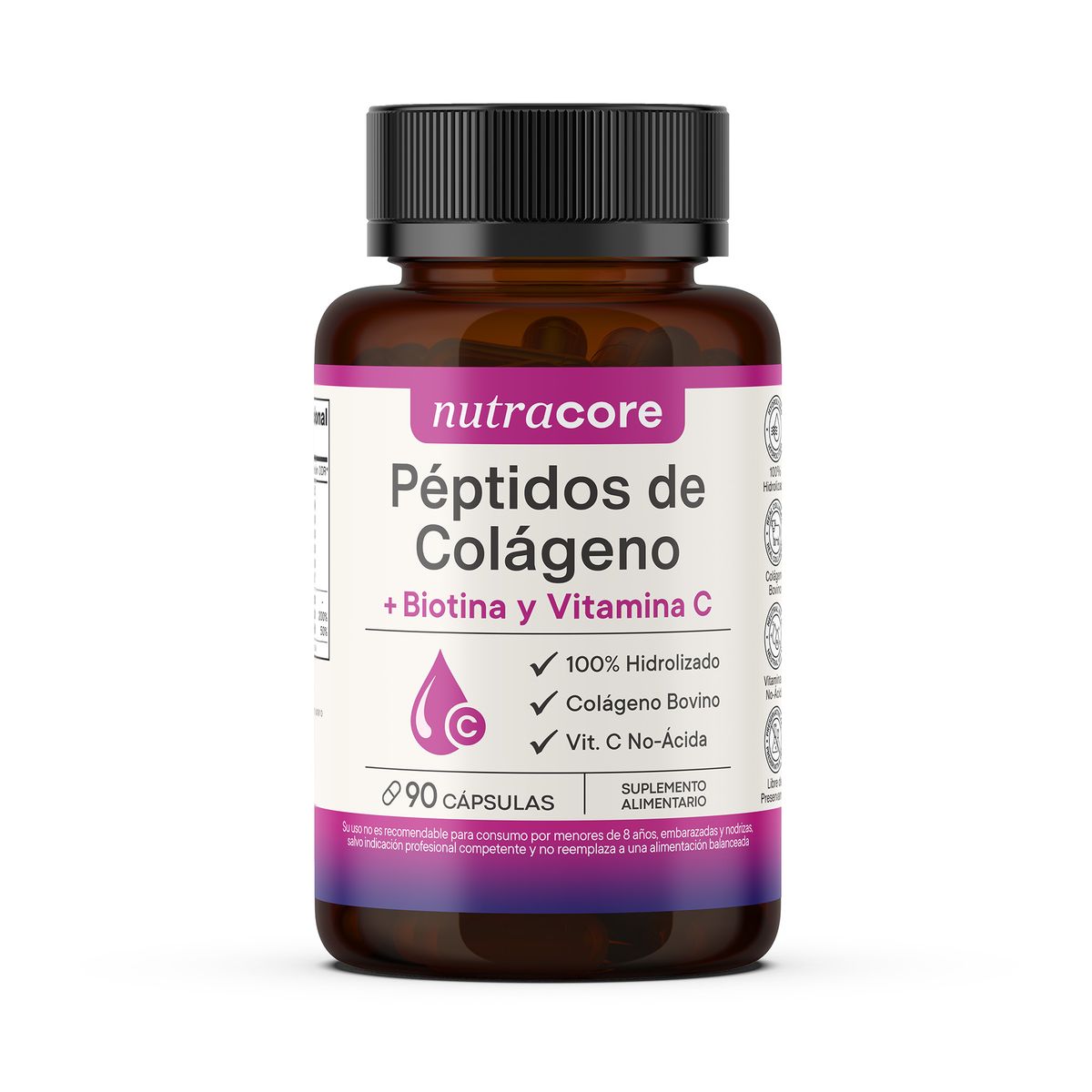 NUTRACORE - Péptidos De Colágeno Hidrolizado + Biotina Y Vitamina C No-ácida - 90 Cápsulas - Nutracore