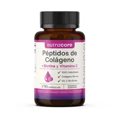 NUTRACORE - Péptidos De Colágeno Hidrolizado + Biotina Y Vitamina C No-ácida - 90 Cápsulas -