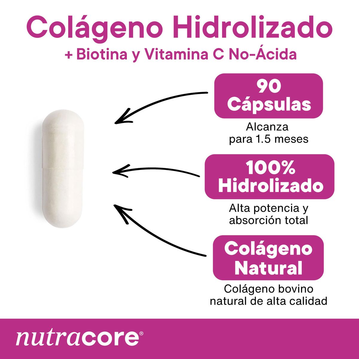 NUTRACORE - Péptidos De Colágeno Hidrolizado + Biotina Y Vitamina C No-ácida - 90 Cápsulas - Nutracore