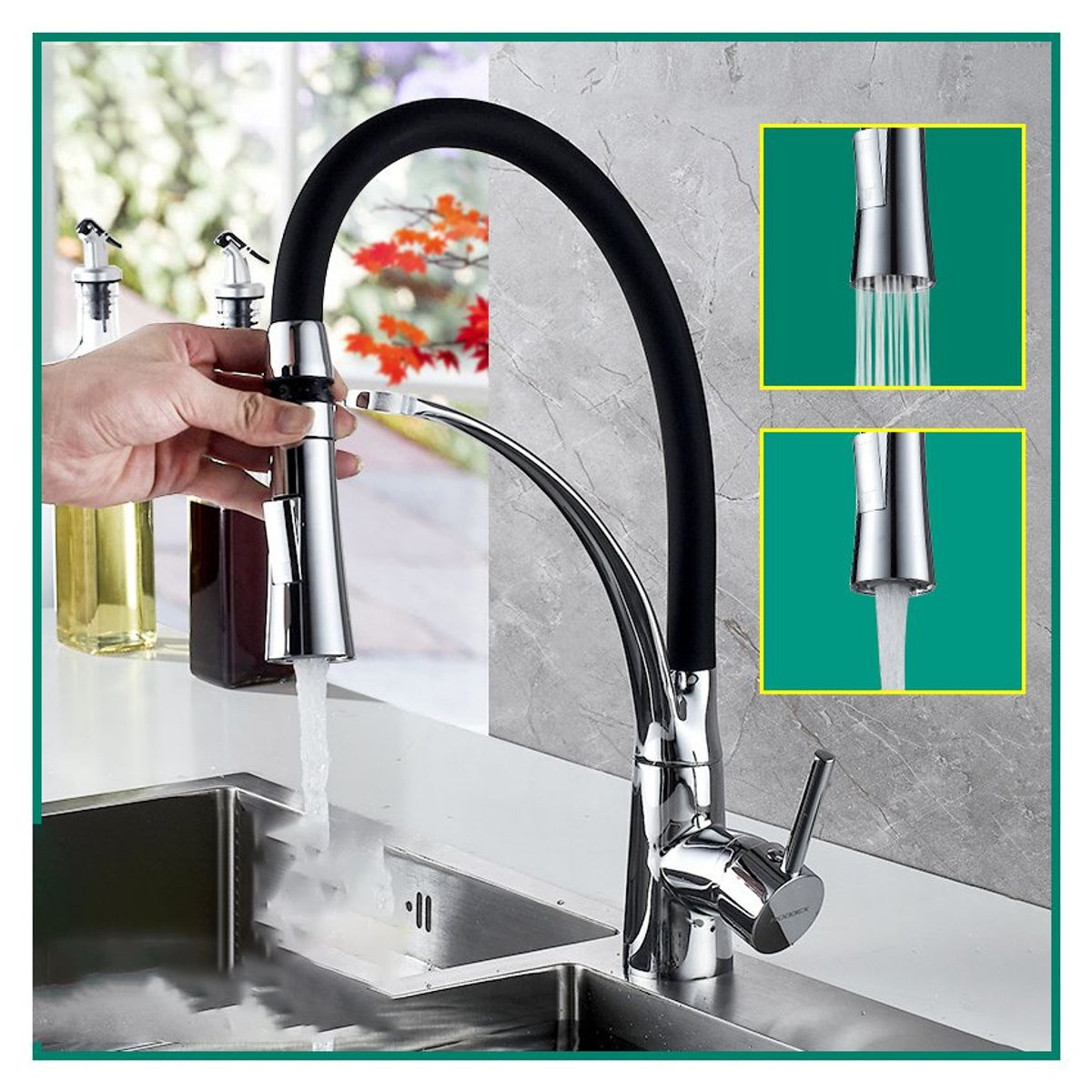 PUREPOWER - Grifo de cocina 360 extensible de acero cepillado