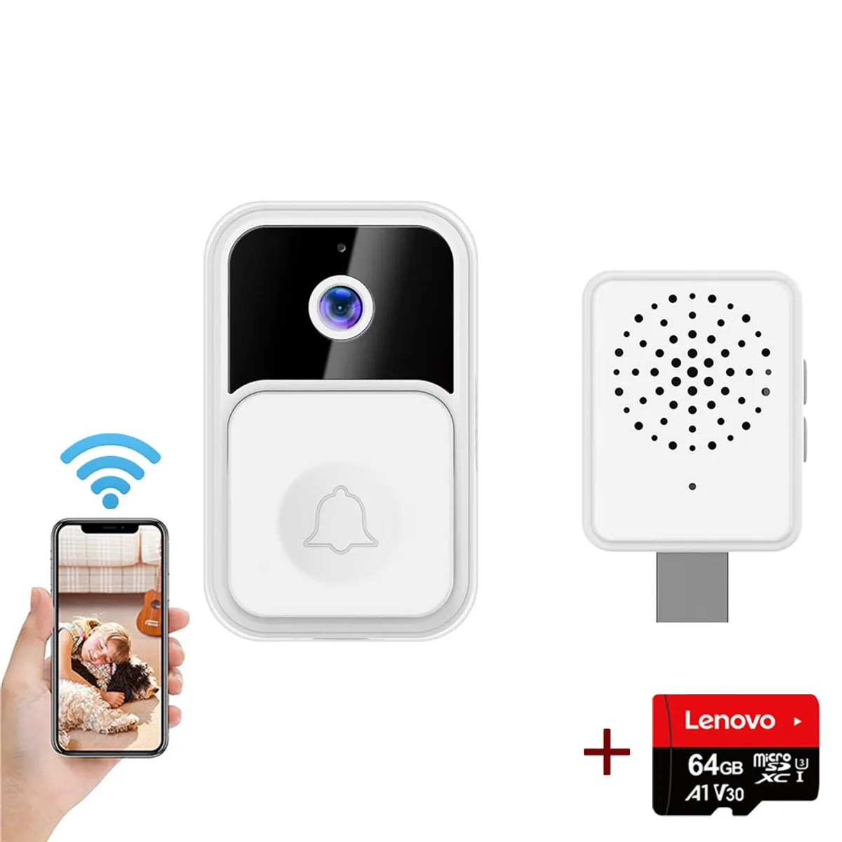 PUREPOWER - Timbre Videoportero Inalámbrico con Bocina y lenovo 64G Card