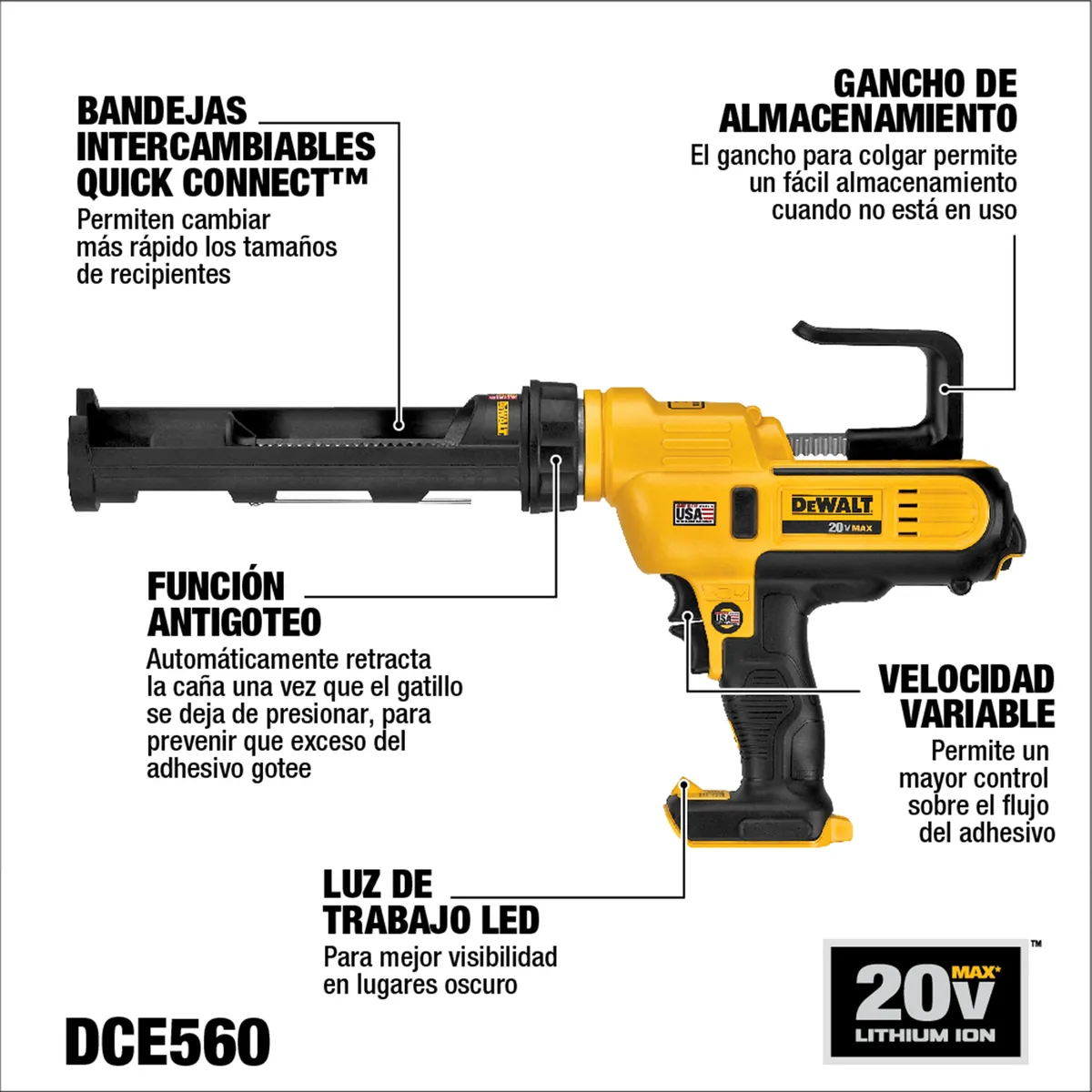 DEWALT - Pistola calafatera 10oz-300ML 20V Sin Batería DEWALT DCE560B