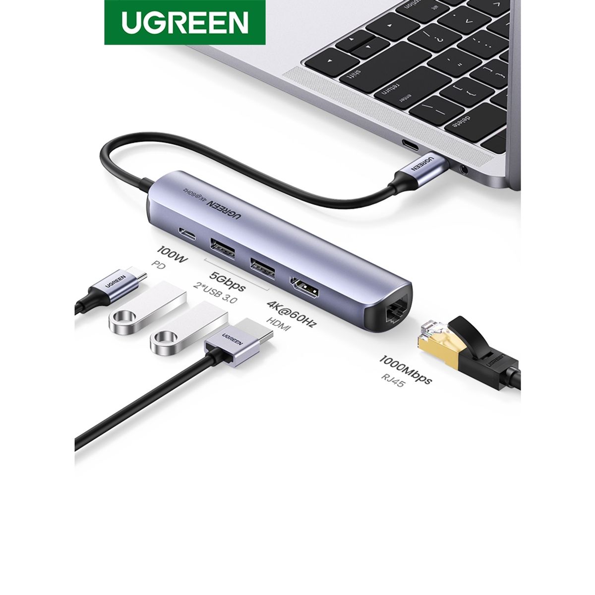 UGREEN - Multipuerto USB-C HDMI+USB+RJ45 PD Ugreen