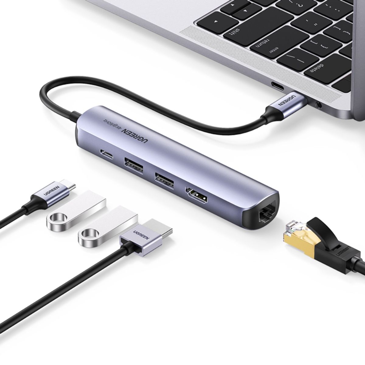 UGREEN - Multipuerto USB-C HDMI+USB+RJ45 PD Ugreen