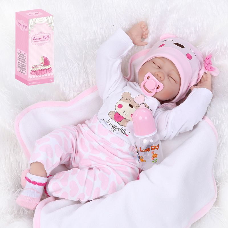 GENERICO - Bebe Reborn Ojos Cerrados Silicona Completa 55cm Acce Rosado