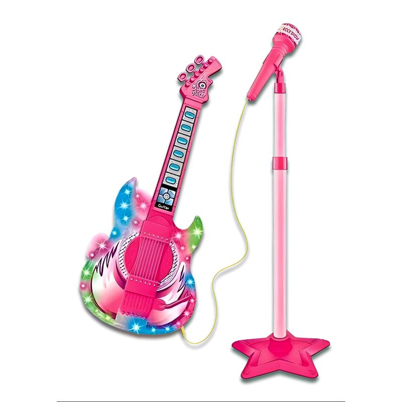 GENERICO - Set Guitarra Microfono Pedestal Juguete Mp3 Luces Rosada