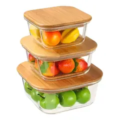 GENERICO - 3 Taper De Vidrio Contenedor Comida Hermetico Con Tapa Bambu