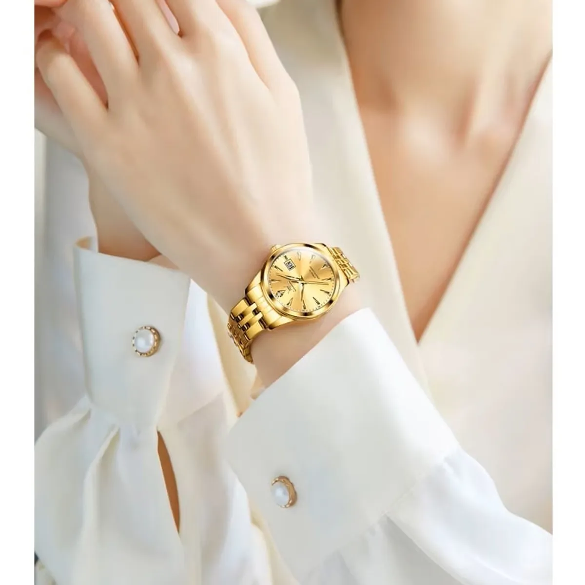 STARTECHOFFICE - Reloj Dorado de Lujo para Mujer con Movimiento Japonés y Calendario Resistencia al agua 3ATM