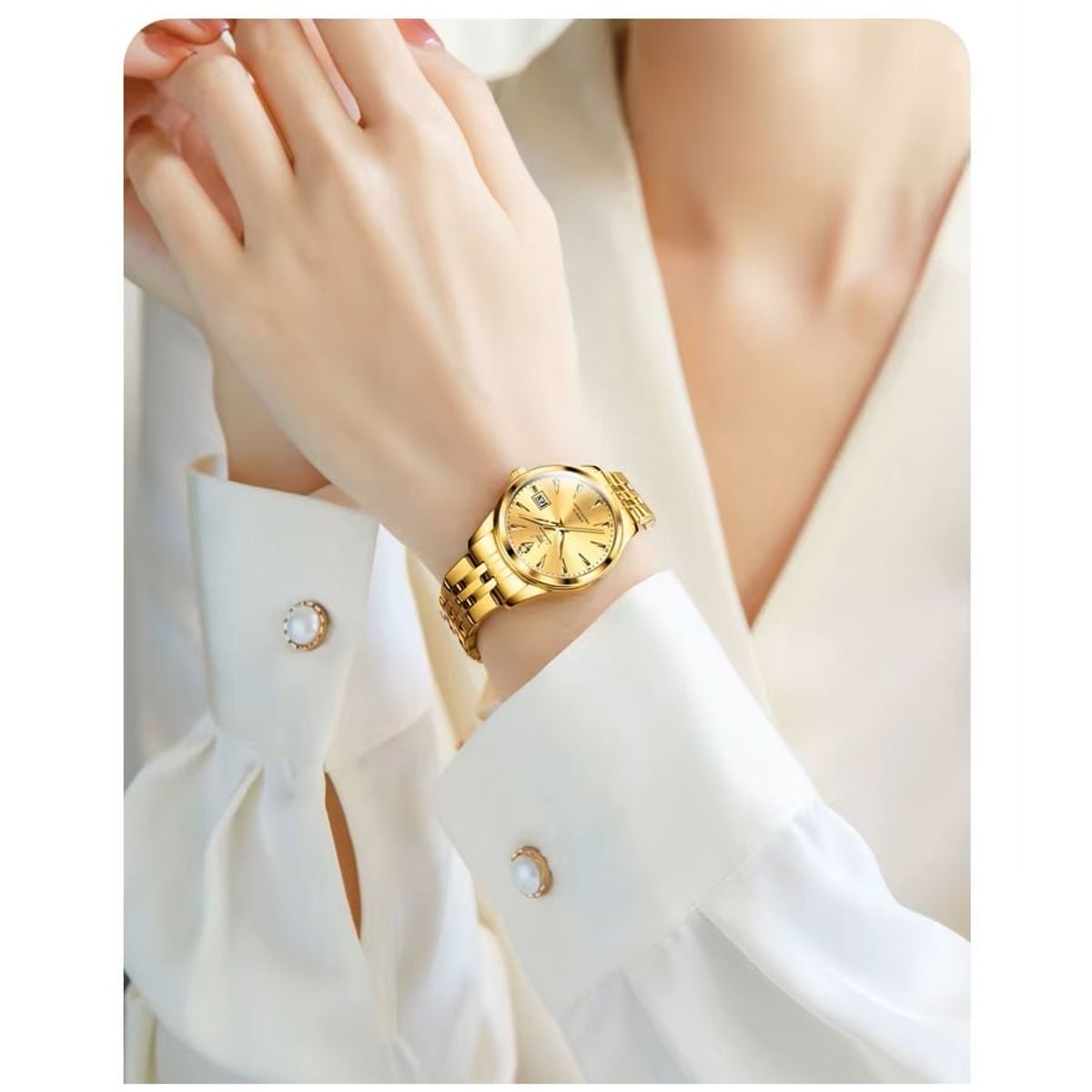 STARTECHOFFICE - Reloj Dorado de Lujo para Mujer con Movimiento Japonés y Calendario Resistencia al agua 3ATM