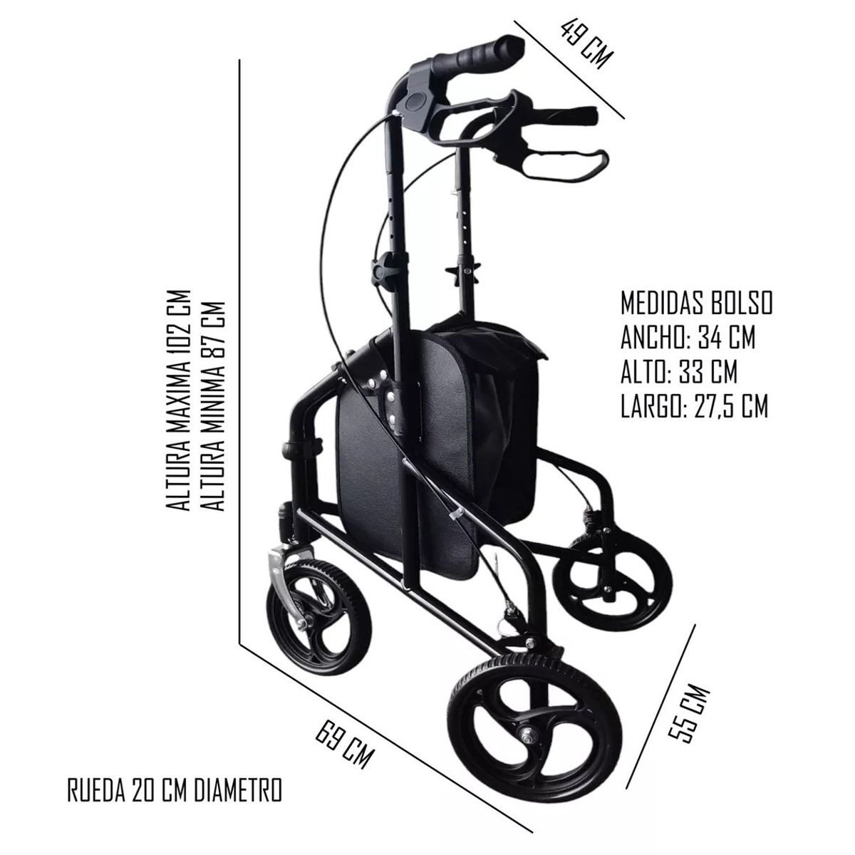 ONEDER - Andador Burrito Rollator Plegable 3 Ruedas Con Bolso Oneder 5001A