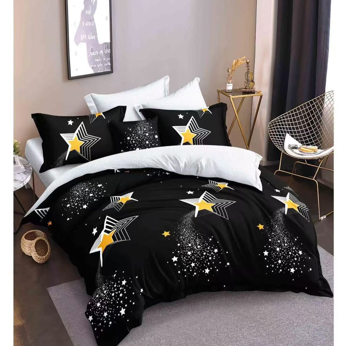 GENERICO - Juego de Sábana de Genero 3 pieza 1.5 Plaza Diseño negro estrellas TF