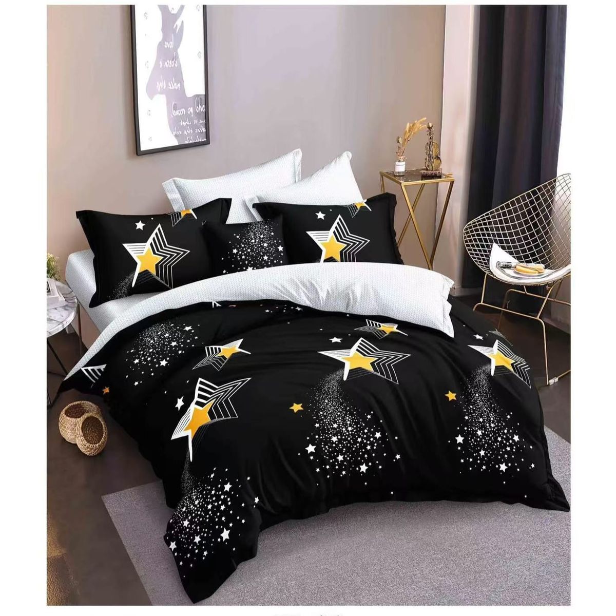 GENERICO - Juego de Sábana de Genero 3 pieza 1.5 Plaza Diseño negro estrellas TF