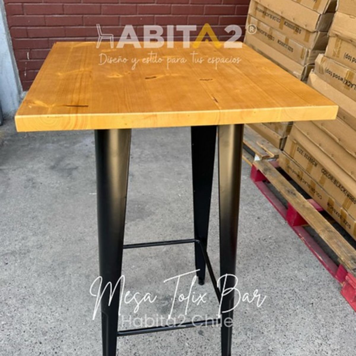 HABITA2 CHILE - Mesa Tolix Bar Cuadrada Madera Clara 60x60 cm