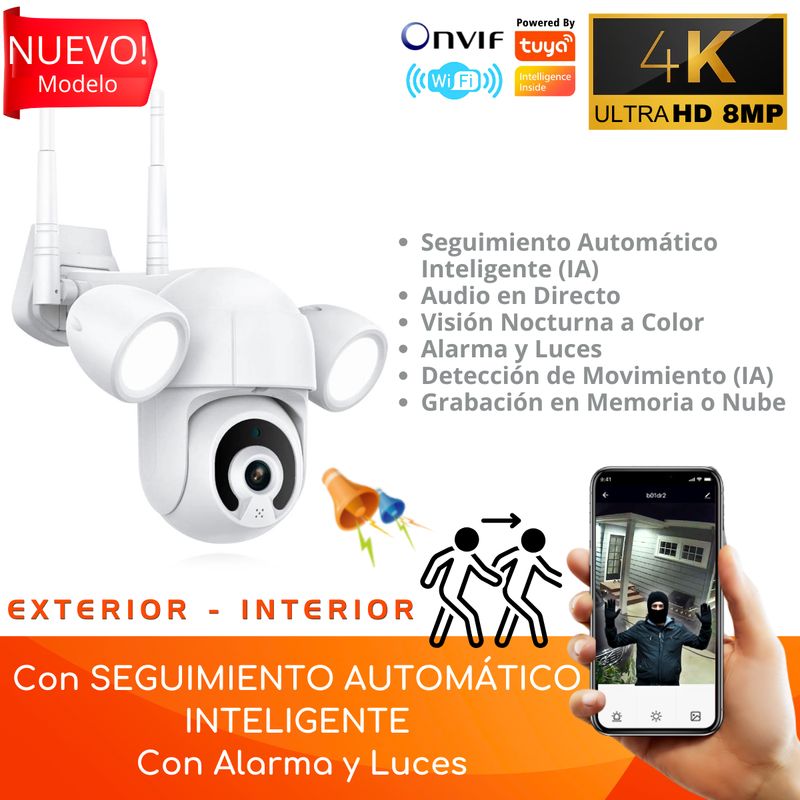 D MOTICA - Cámara Wifi Inteligente 4K 8MP-Motorizada-Luces-Audio-Alarma