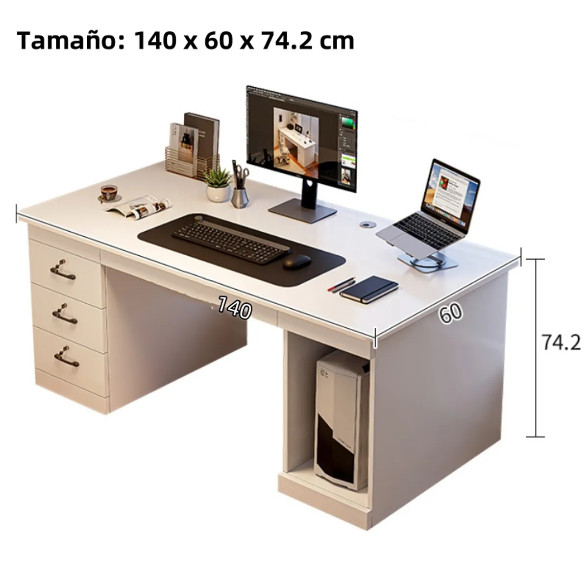 YOMYM - Escritorio Moderno Con Cajoneras 140x60x742cm Para Oficina