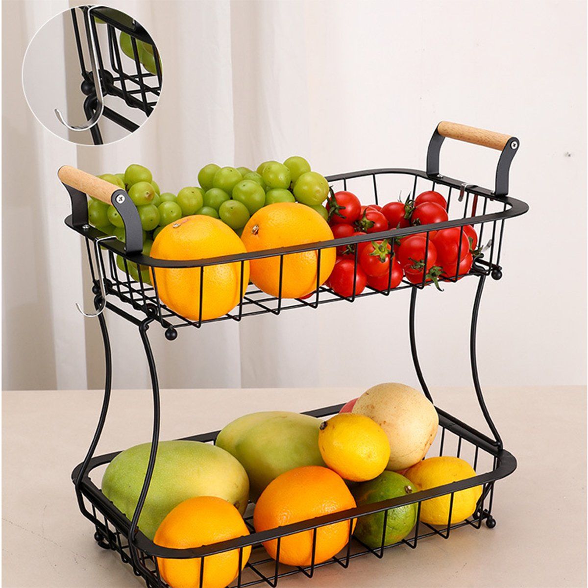 GENERICO - Cesta De Frutas De 2 Niveles Con Asas De Madera Y Ganchos