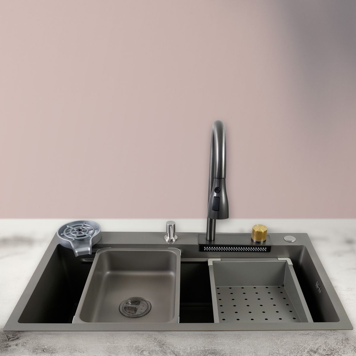 JOYTEK - Lavaplatos Americano Premium con Monomando y Cascada Joytek Gris 80x45x22 cm