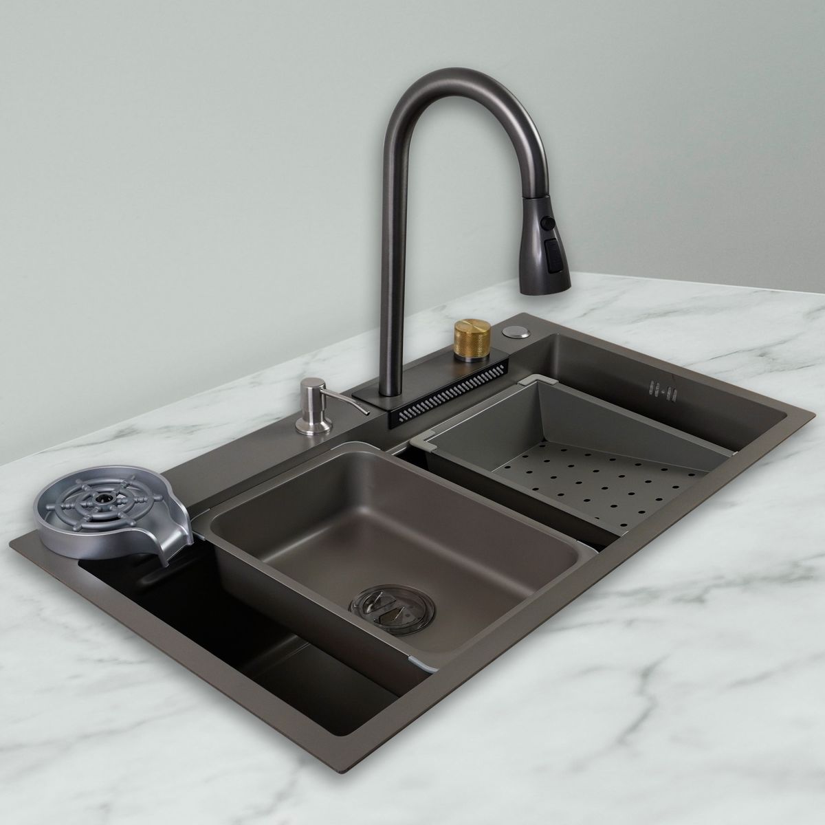 JOYTEK - Lavaplatos Americano Premium con Monomando y Cascada Joytek Gris 80x45x22 cm