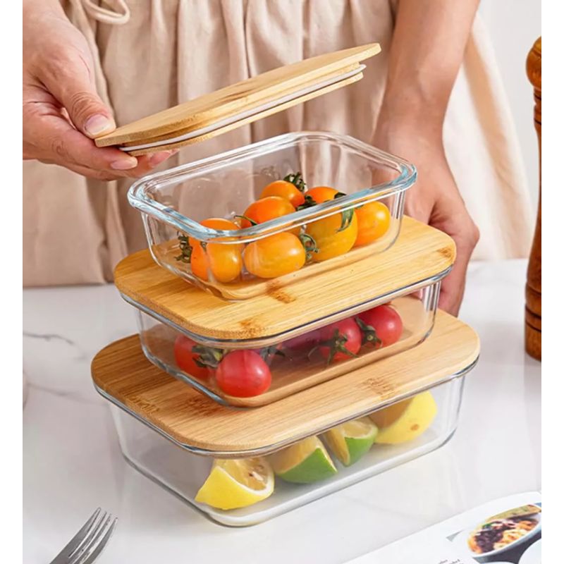 GENERICO - Set 3 Taper Vidrio Hermetico Tapa Bambu Contenedor Comida