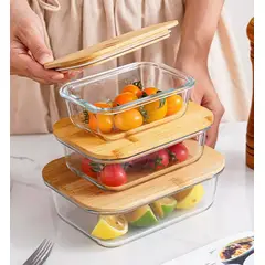 GENERICO - Set 3 Taper Vidrio Hermetico Tapa Bambu Contenedor Comida