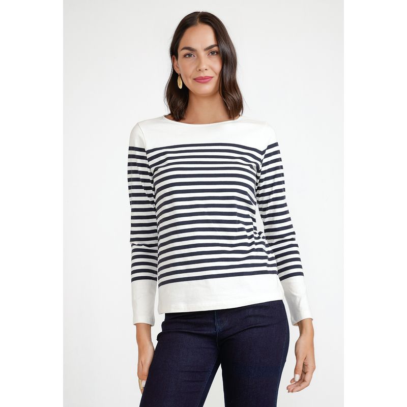 CANADIENNE - Polera Manga Larga Mujer Algodón Peruano Crudo Listado Canadienne