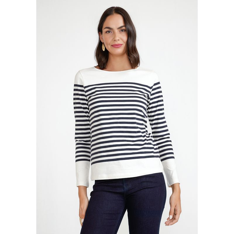 CANADIENNE - Polera Manga Larga Mujer Algodón Peruano Crudo Listado Canadienne