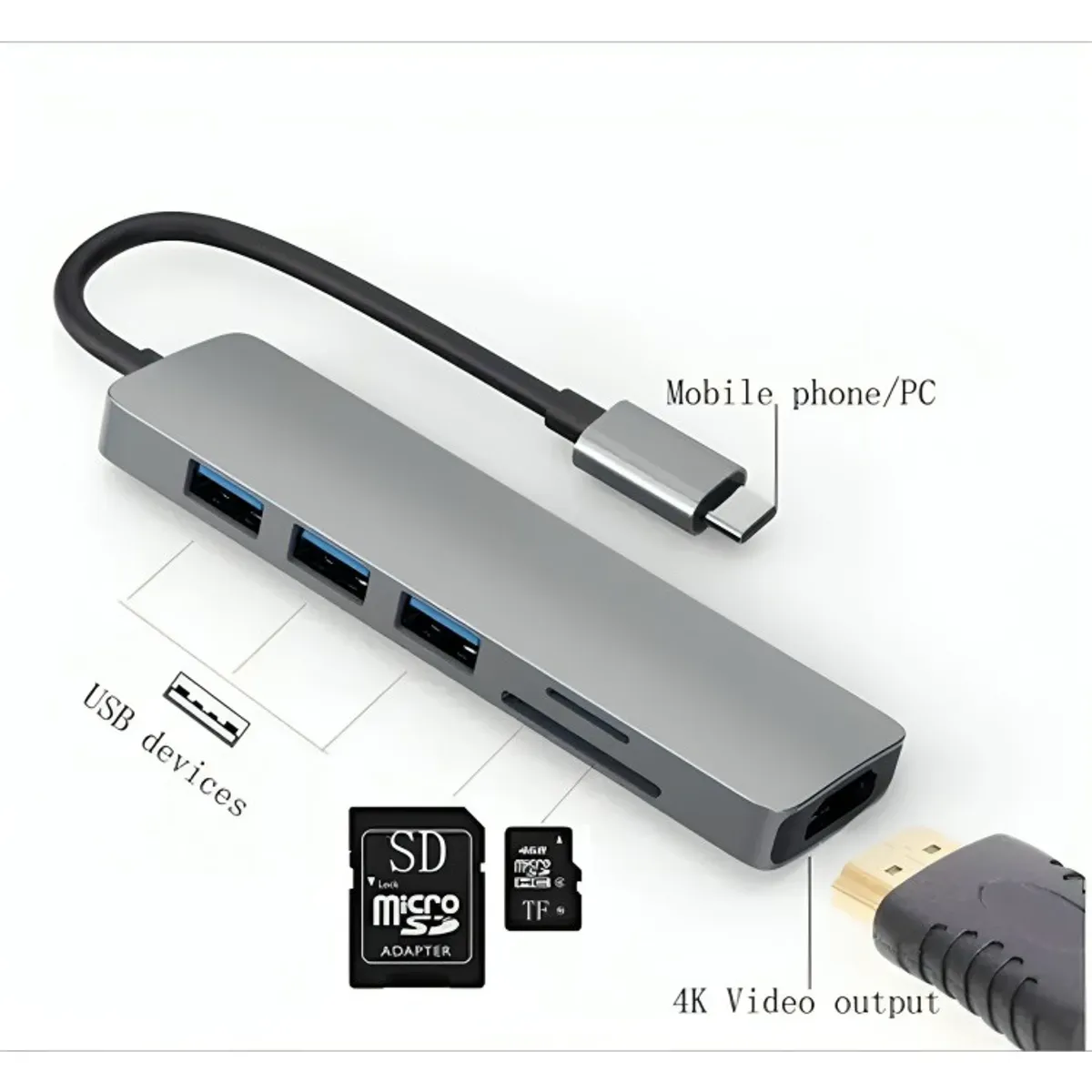 GENERICO - Adaptador Usb Hub Hdmi Tipo C 3 X Usb 30 6en1