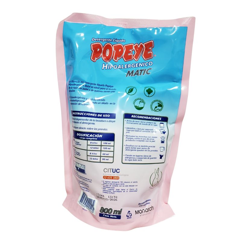 POPEYE - Pack 4 Detergente Líquido Popeye Hipoalergénico 800ml