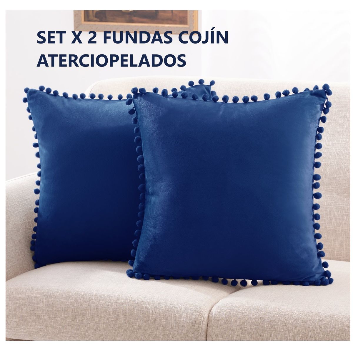 COMPRAPO - Set X 2 Fundas Cojín Boho Chic Aterciopelado Pompones Azul 45x45